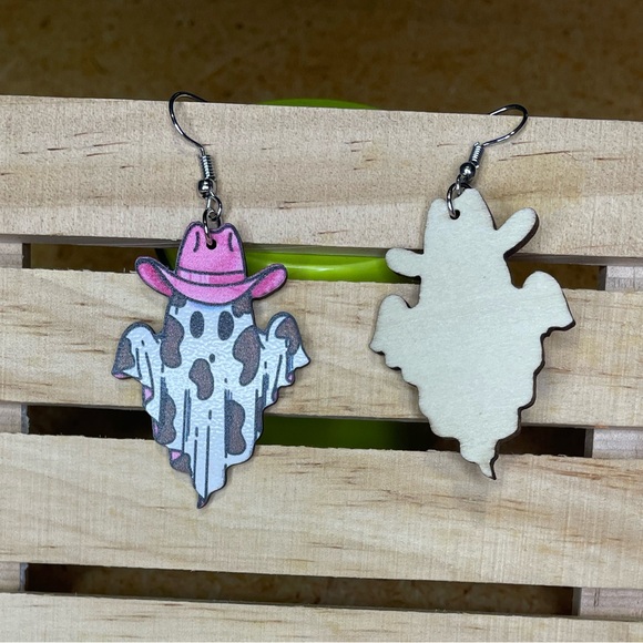 Wooden Cowboy Ghost Earrings - Picture 2 of 2